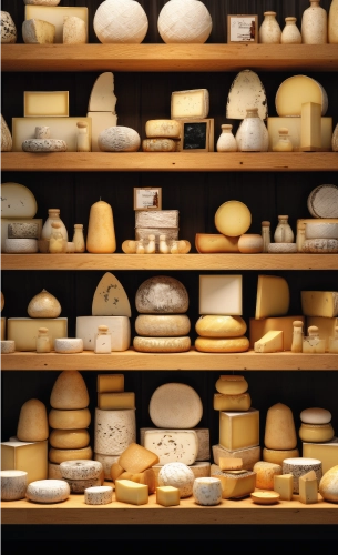 Différents produits laitiers sont entreposés dans une cave