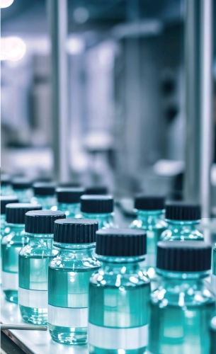 Des contenants pharmaceutiques en verre alignés sur un rayon